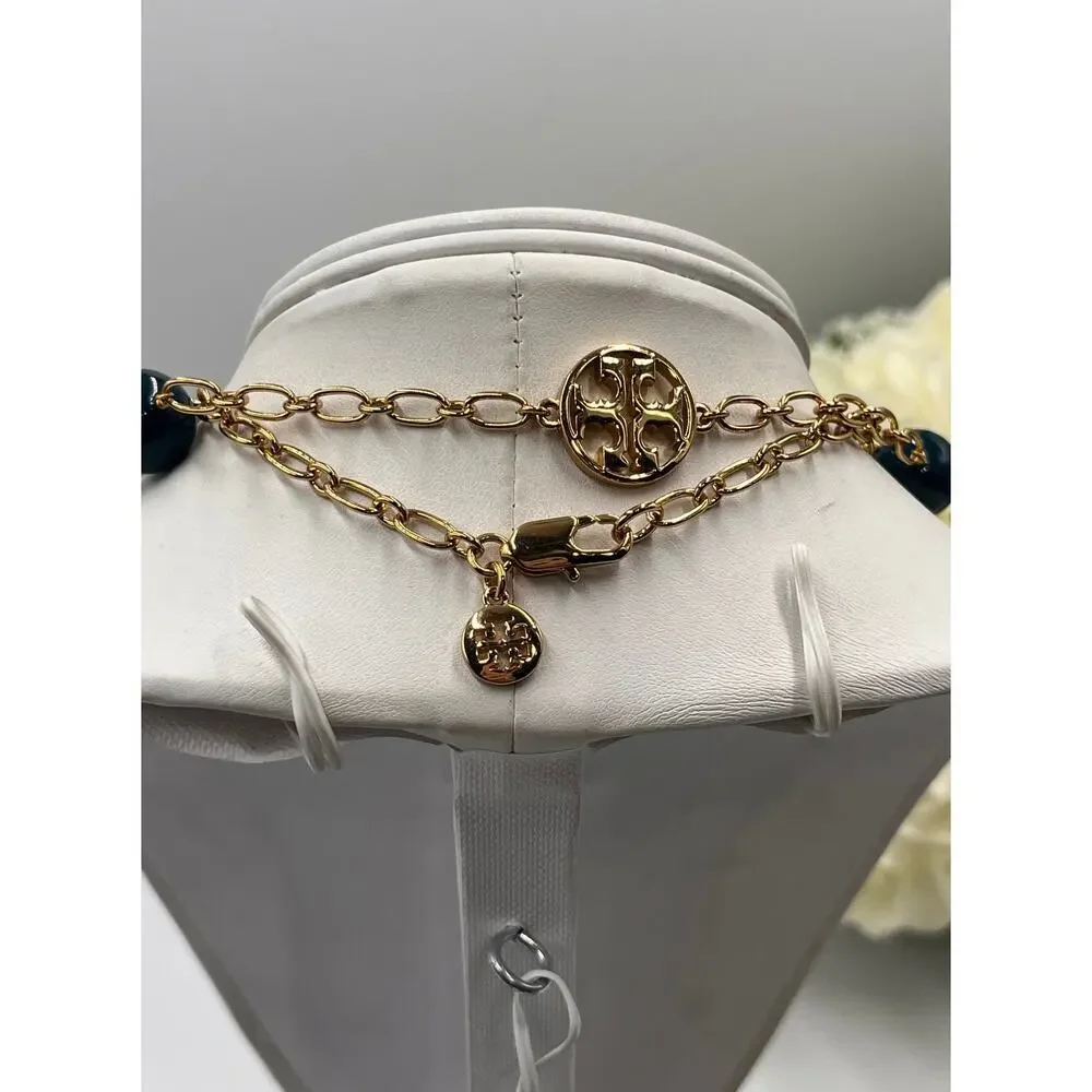Tory Burch‎ Designer Evie Teal Resin Logo Station Gold Plated Necklace
